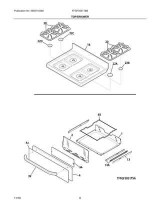 Top/drawer Diagram and Parts List for FFGF3051TSB  Frigidaire Range