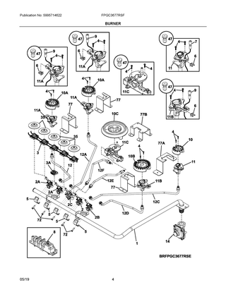 Burner Diagram and Parts List for FPGC3677RSF  Frigidaire Cooktop