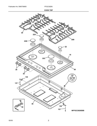 Cook Top Diagram and Parts List for FFGC3026SSD  Frigidaire Cooktop