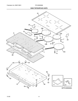 Main Top/surface Units Diagram and Parts List for FPIC3695MSB  Frigidaire Cooktop