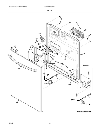 Door Diagram and Parts List for FGID2466QD2A  Frigidaire Dishwasher