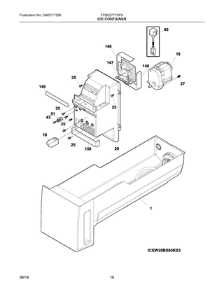 Ice Container Diagram and Parts List for FPBS2777RFK  Frigidaire Refrigerator
