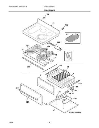 Top/drawer Diagram and Parts List for CGEF3059RFC  Frigidaire Range