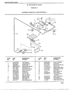 Burners, Manifold And Gas Controls Diagram and Parts List for 2427A  Frigidaire Range