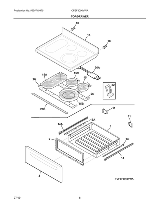 Top/drawer Diagram and Parts List for CFEF3056VWA  Frigidaire Range