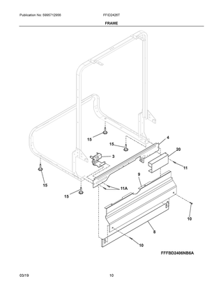 Frame Diagram and Parts List for FFID2426TW0A  Frigidaire Dishwasher