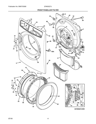 Front Panel/lint Filter Diagram and Parts List for EFMC627UIW0  Frigidaire Dryer