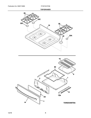 Top/drawer Diagram and Parts List for FFGF3016TSB  Frigidaire Range