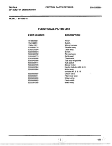 Functional Parts List Diagram and Parts List for 61-1043-10  Frigidaire Dishwasher