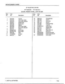 Door, Front Panel, Lint Filter Page 2 Diagram and Parts List for 7289-87C  Frigidaire Dryer