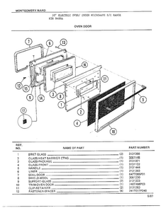 Oven Door Diagram and Parts List for 8488A  Frigidaire Range