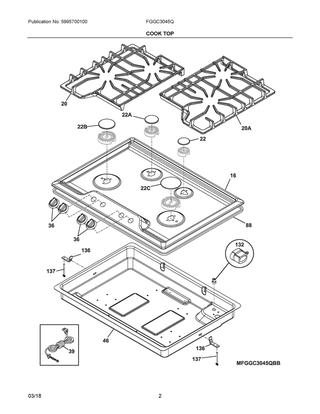 Cook Top Diagram and Parts List for FGGC3045QWC  Frigidaire Cooktop