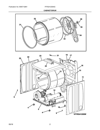 Cabinet/drum Diagram and Parts List for FFRG4120SW2  Frigidaire Dryer