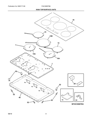 Main Top/surface Units Diagram and Parts List for FGIC3666TBB  Frigidaire Cooktop