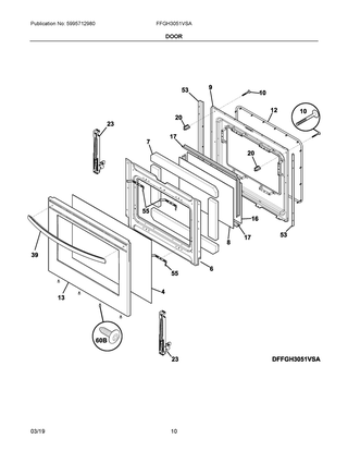Door Diagram and Parts List for FFGH3051VSA  Frigidaire Range