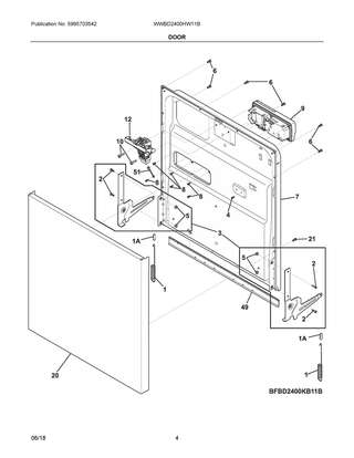 Door Diagram and Parts List for WWBD2400HW11B  Frigidaire Dishwasher