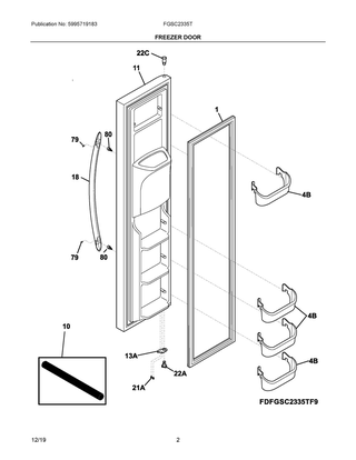 Freezer Door Diagram and Parts List for FGSC2335TDB  Frigidaire Refrigerator