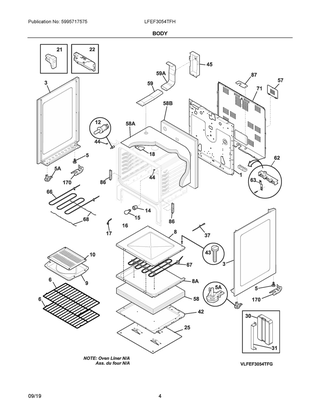 Body Diagram and Parts List for LFEF3054TFH  Frigidaire Range