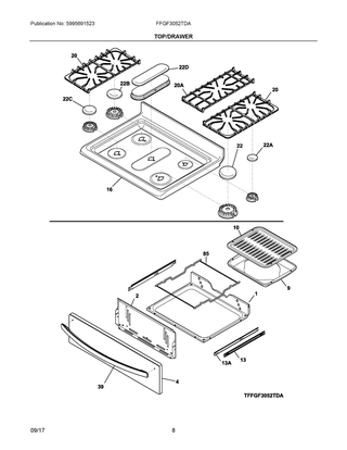 Top/drawer Diagram and Parts List for FFGF3052TDA  Frigidaire Range