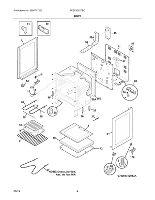 Body Diagram and Parts List for FFEF3052TBD  Frigidaire Range
