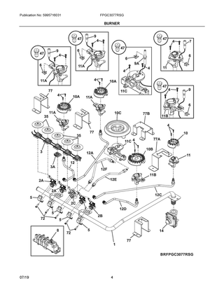Burner Diagram and Parts List for FPGC3077RSG  Frigidaire Cooktop