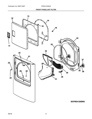 Front Panel/lint Filter Diagram and Parts List for CFRE4120SW2  Frigidaire Dryer