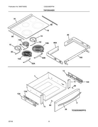 Top/drawer Diagram and Parts List for CGES3065PFM  Frigidaire Range