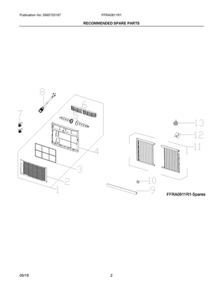 Recommended Spare Parts Diagram and Parts List for FFRA0811R12  Frigidaire Air Conditioner