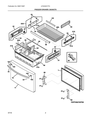 Freezer Drawer, Baskets Diagram and Parts List for LFHD2251TF4  Frigidaire Refrigerator