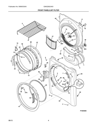 Front Panel/lint Filter Diagram and Parts List for EIMGD60JIW3  Frigidaire Dryer