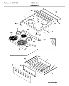 Top/Drawer Diagram and Parts List for CFEH3054UWB  Frigidaire Range