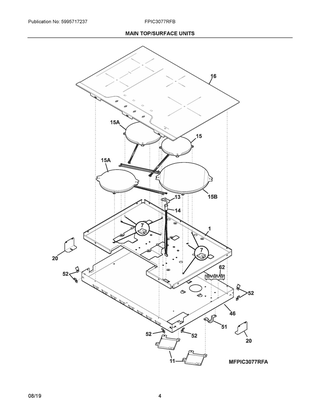 Main Top/surface Units Diagram and Parts List for FPIC3077RFB  Frigidaire Cooktop