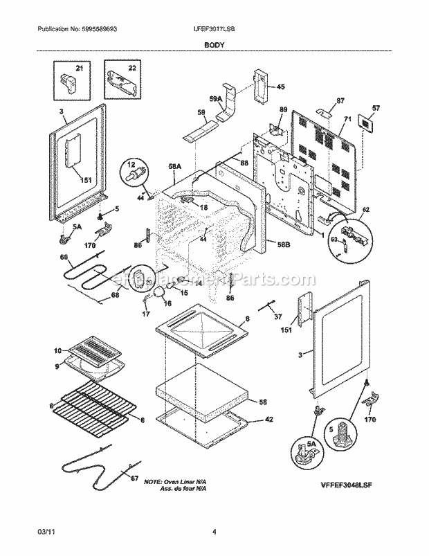 Body Diagram and Parts List for LFEF3019MWB  Frigidaire Range