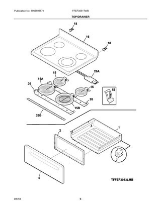 Top/drawer Diagram and Parts List for FFEF3051TWB  Frigidaire Range
