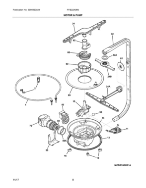 05 - Motor & Pump Diagram and Parts List for FFBD2406NB10B  Frigidaire Dishwasher