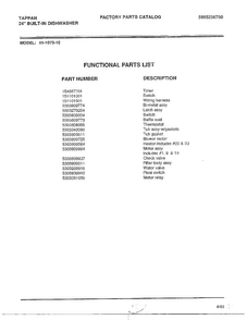 Functional Parts List Diagram and Parts List for 61-1073-10  Frigidaire Dishwasher
