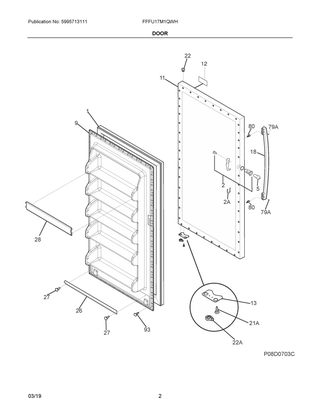 Door Diagram and Parts List for FFFU17M1QWH  Frigidaire Freezer