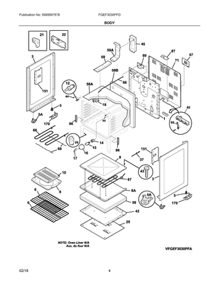 Body Diagram and Parts List for FGEF3030PFD  Frigidaire Range