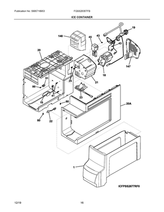 Ice Container Diagram and Parts List for FGSS2635TFB  Frigidaire Refrigerator