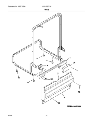 Frame Diagram and Parts List for LFID2426TF3A  Frigidaire Dishwasher
