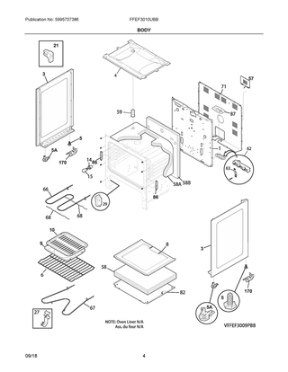 Body Diagram and Parts List for FFEF3010UBB  Frigidaire Range