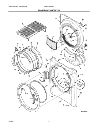 Front Panel/lint Filter Diagram and Parts List for EIMGD60LSS3  Frigidaire Dryer