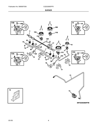 Burner Diagram and Parts List for CGDS3065PFR  Frigidaire Range