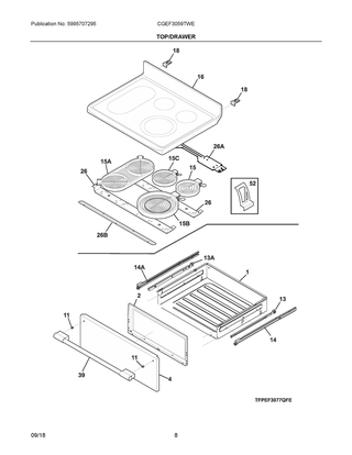 Top/drawer Diagram and Parts List for CGEF3059TWE  Frigidaire Range