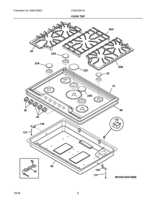 Cook Top Diagram and Parts List for FGGC3047QWD  Frigidaire Cooktop