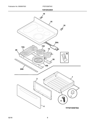 Top/drawer Diagram and Parts List for FFEF3056TWC  Frigidaire Range