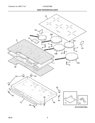Main Top/surface Units Diagram and Parts List for FGIC3667MBB  Frigidaire Cooktop