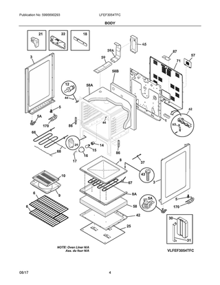 Body Diagram and Parts List for LFEF3054TFC  Frigidaire Range