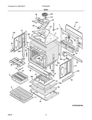 Body Diagram and Parts List for FFEW3026TWC  Frigidaire Wall Oven