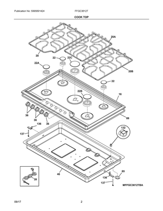 Cook Top Diagram and Parts List for FFGC3612TSA  Frigidaire Cooktop